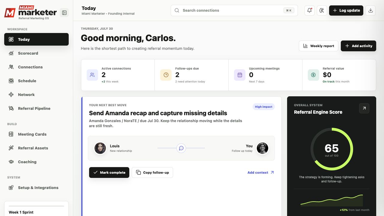 Referral Motion dashboard showing the next best relationship action and referral engine score